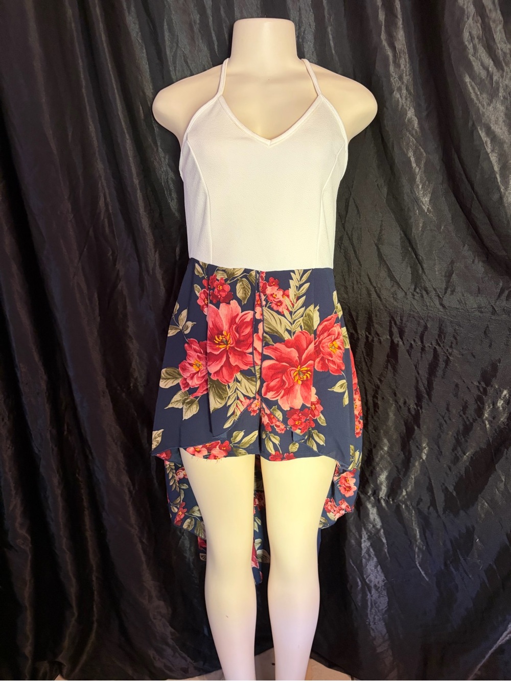Navy Floral Halter Romper with High-Low Skirt